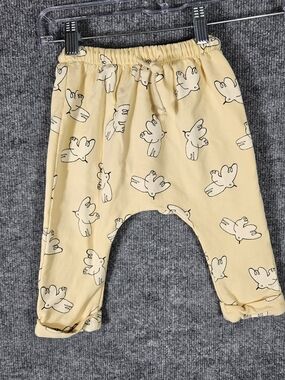 Bobo Choses Pale Yellow Cotton Harem Pants with Bird Sketches 12m